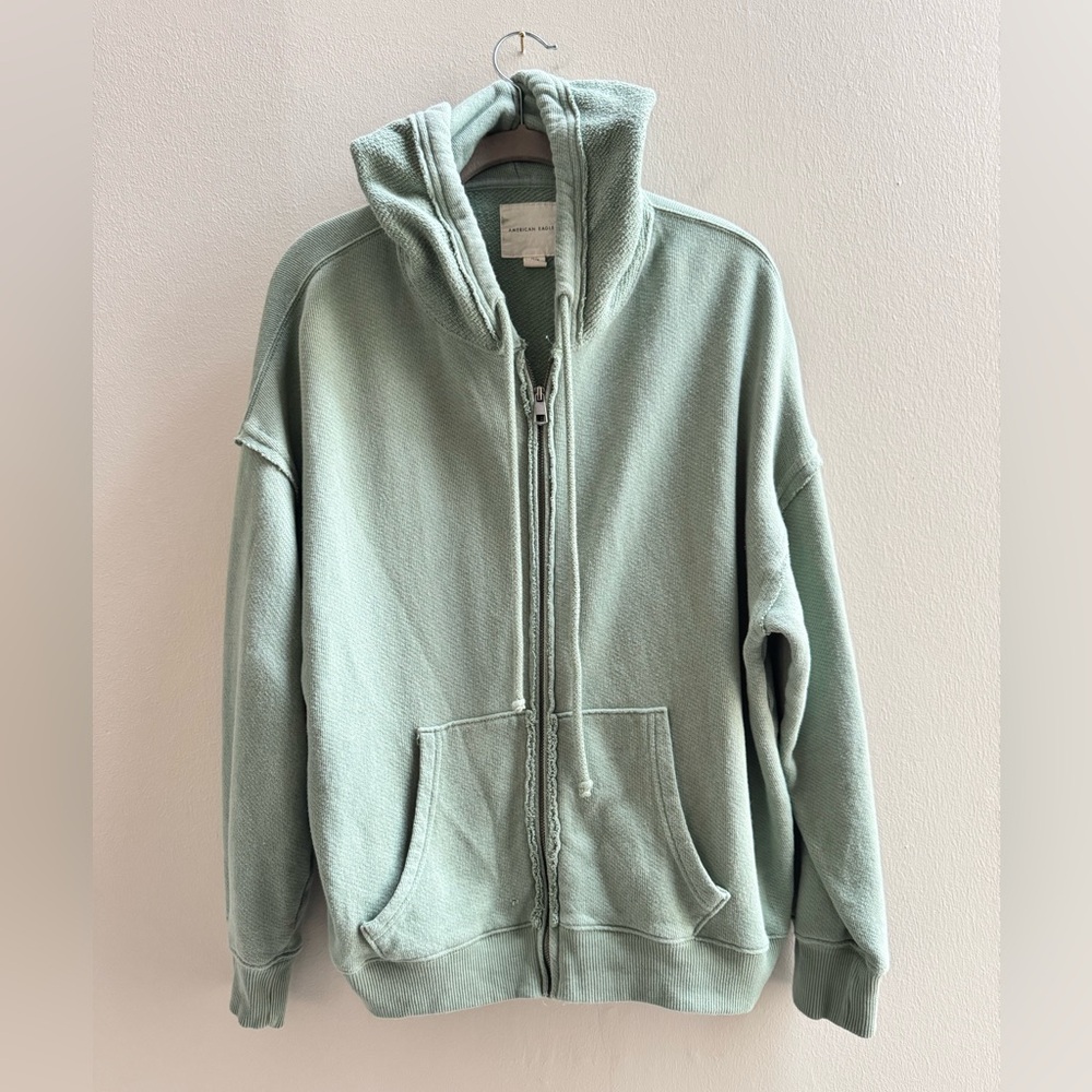 American Eagle Full Zip Hoodie Seafoam Green Broken In Oversized XS